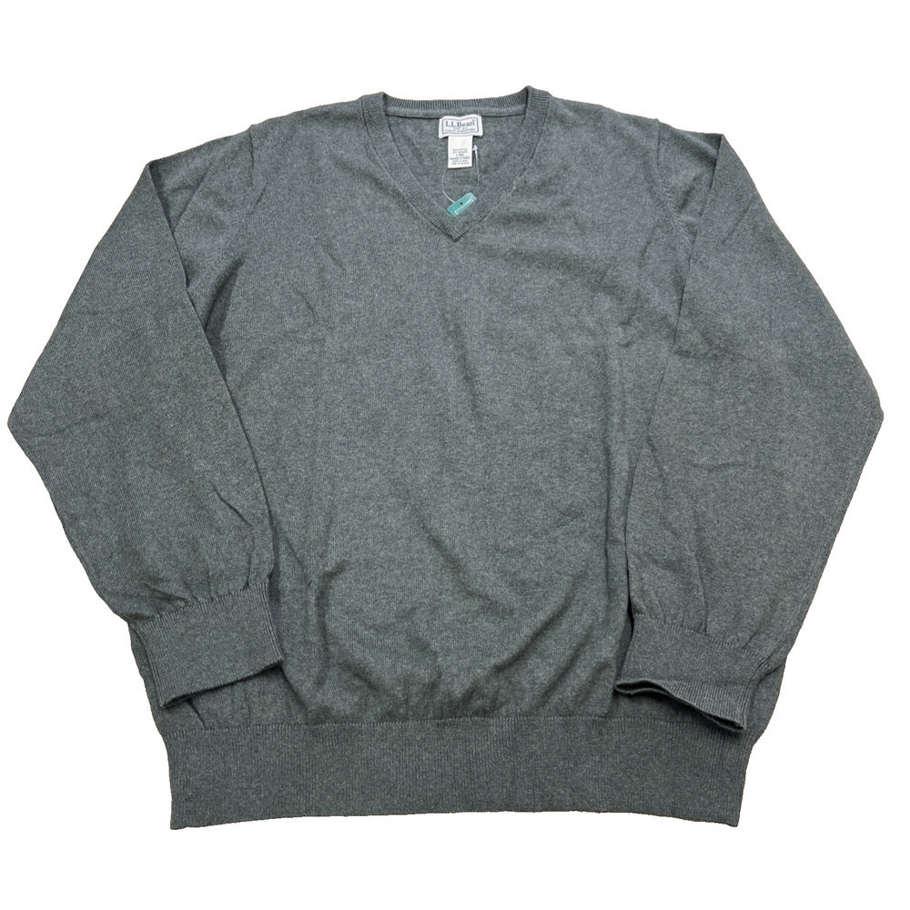 LL Bean Cotton Cashmere Sweater Men's Large Army Green V-Neck Lightweight NWT